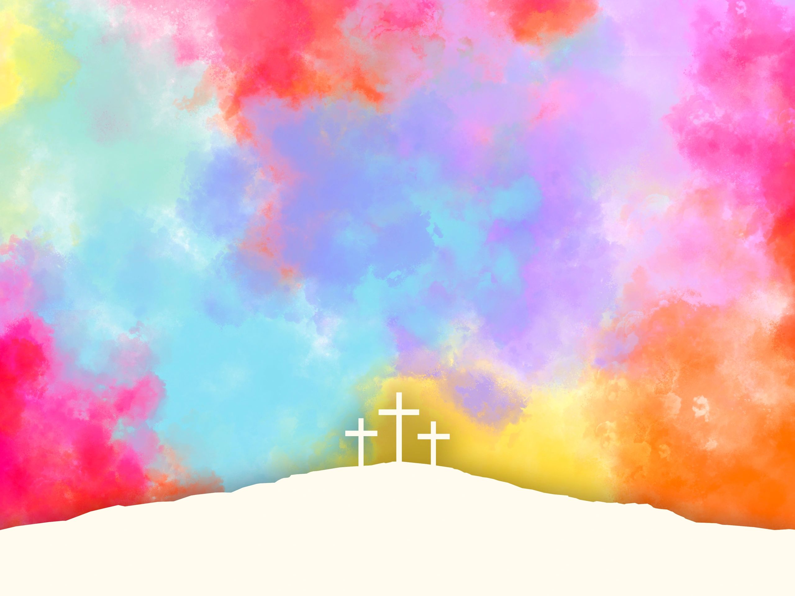 Three crosses on a hill with bright sky